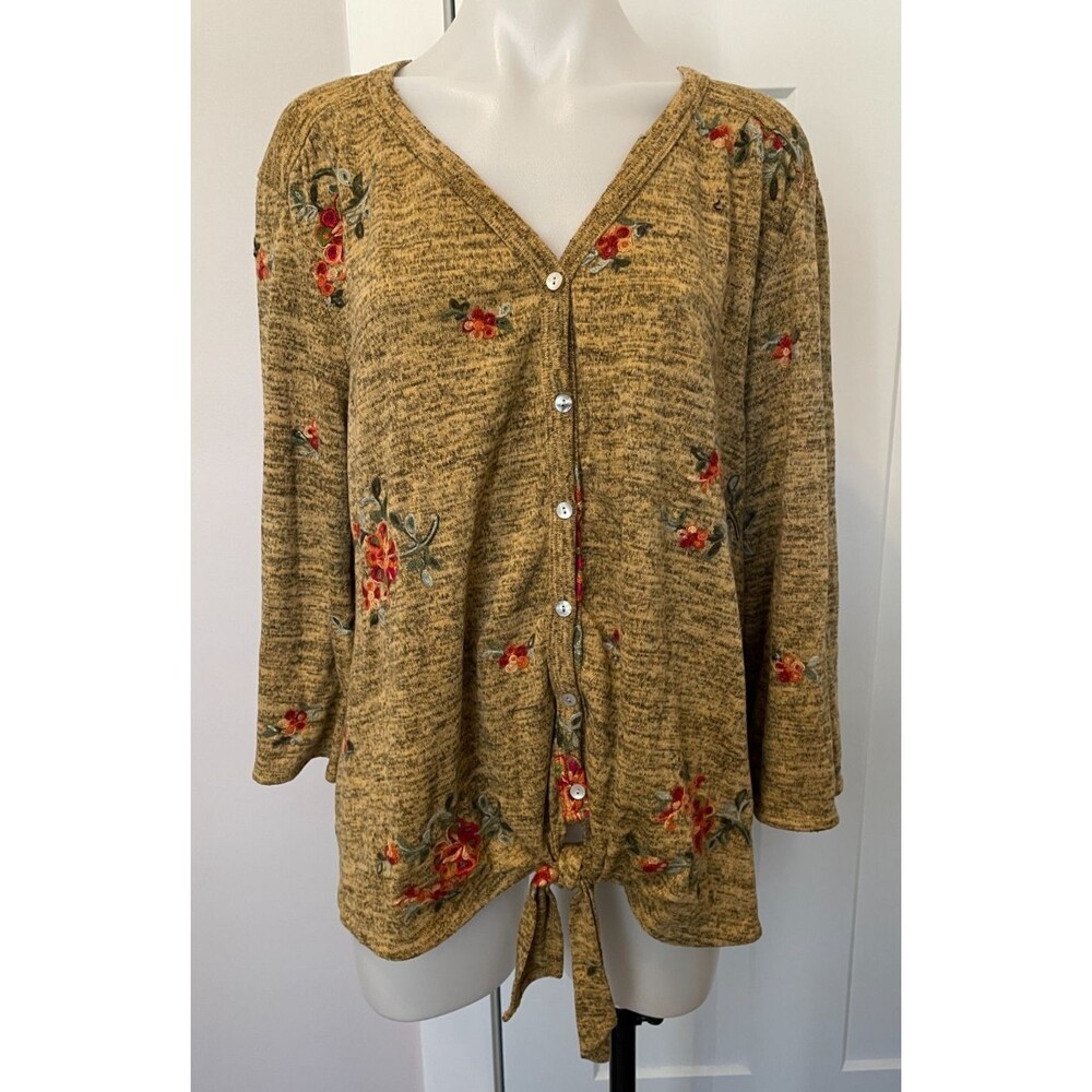 FIG & FLOWER Womens Knit TOP Boho Long Sleeve GOLD Orange Green FLORAL Size 3X